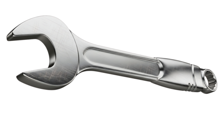 Shiny metal combination wrench tool for mechanical repairs and construction work isolated on transparent background