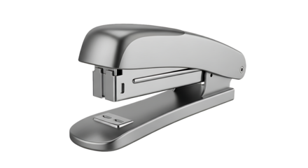Shiny metallic silver stapler office supply tool for binding papers isolated on transparent background