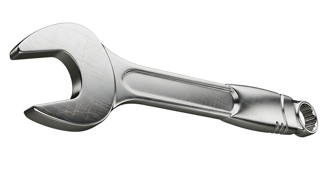 Shiny metal combination wrench tool for mechanical repairs and construction work isolated on transparent background