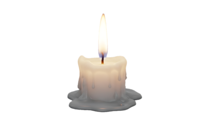 A single lit white candle with dripping wax and a bright flame isolated on transparent background