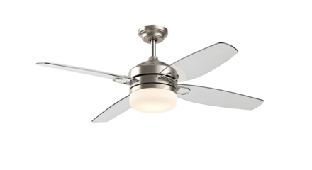 Modern brushed nickel ceiling fan with integrated light fixture isolated on transparent background