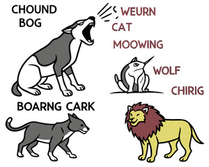 Obraz premium Cartoon illustration of various animals and their sounds