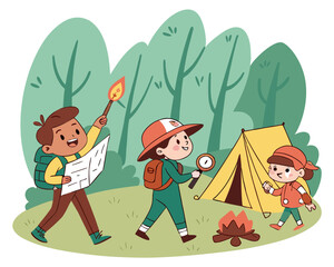 Children are camping in the forest near the tent and campfire illustration