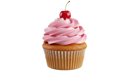 Delicious vanilla cupcake with swirled pink frosting and a bright red cherry isolated on transparent background