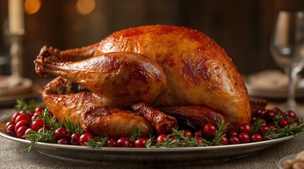 Juicy roasted turkey on a festive platter surrounded by cranberries and rosemary