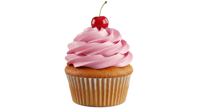 Delicious vanilla cupcake with swirled pink frosting and a bright red cherry isolated on transparent background