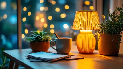 Cozy evening desk scene with warm lighting