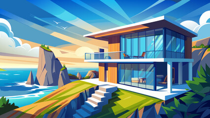 Fototapeta premium Modern two-story cabin near the ocean cliff, white walls, large glass windows, blue sea below, sunlight reflecting on waves, luxury and peace combined
