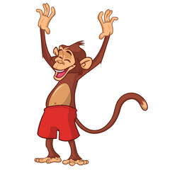Cartoon funny monkey chimpanzee wearing shorts. Vector illustration isolated on white