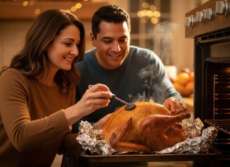 Multicultural couple basting a golden turkey in the oven during a cozy Thanksgiving meal