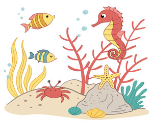 Underwater scene with fish, seahorse, crab, starfish, and coral