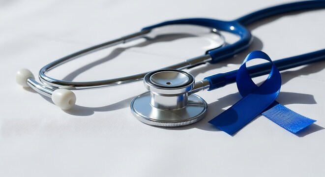 Stethoscope with Blue Ribbon on White Surface for Medical Awareness and Healthcare Campaigns