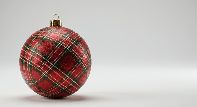 Red tartan plaid Christmas ball ornament on a simple white background with copy space. - Powered by Adobe