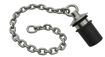 A metallic chain attached to a rubber stopper with a silver fitting isolated on transparent background