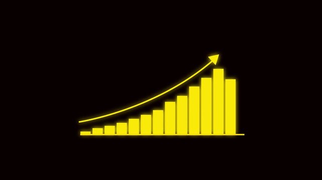 Animated yellow bar graph with upward trending arrow on black background representing financial