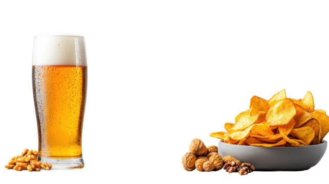Beer glass with snacks on transparent background