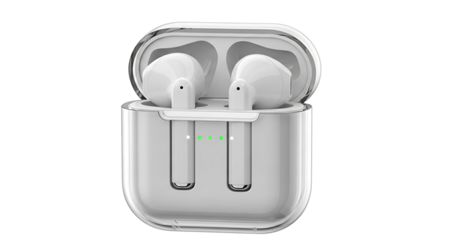 Modern white wireless earbuds with charging case isolated on transparent background