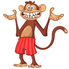 Cartoon funny monkey chimpanzee wearing shorts. Vector illustration isolated on white