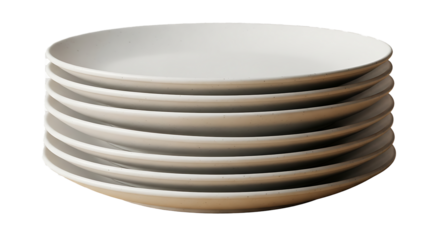 Stack of eight plain white ceramic dinner plates neatly piled together isolated on transparent background