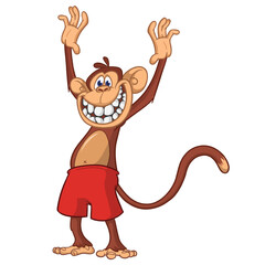 Cartoon funny monkey chimpanzee wearing shorts. Vector illustration isolated on white