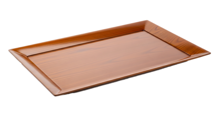 A simple rectangular wooden tray with a light brown interior and darker brown edges isolated on transparent background