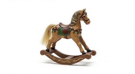 Vintage Wooden Rocking Horse Toy on White Background.