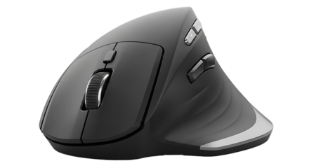 Ergonomic vertical computer mouse with scroll wheel and buttons isolated on transparent background