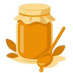 Jar of honey with wooden spoon and leaves vector illustration
