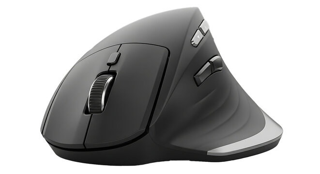 Ergonomic vertical computer mouse with scroll wheel and buttons isolated on transparent background