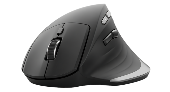 Ergonomic vertical computer mouse with scroll wheel and buttons isolated on transparent background