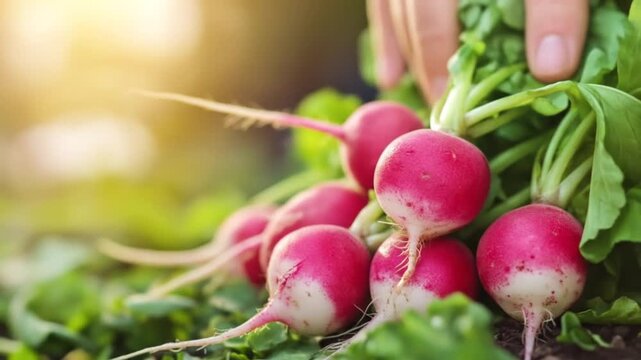 Hand harvesting fresh radishes in garden bed with natural sunlight