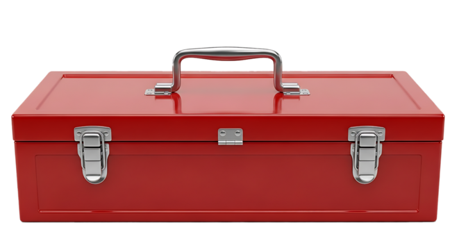 Classic red metal toolbox with chrome handle and latches isolated on transparent background