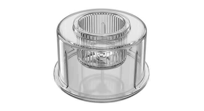Clear glass cylindrical object with ridged top and internal structure isolated on transparent background