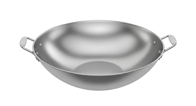 A polished metallic wok with two handles shown from a top down perspective isolated on transparent background