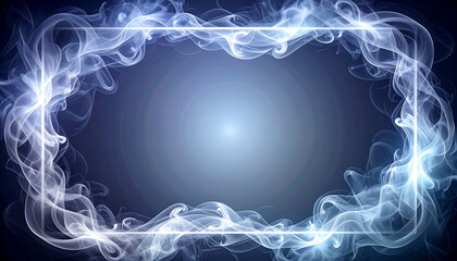 Smoky blue frame with swirling vapor border and soft glowing center, ethereal atmospheric background with elegant flowing smoke