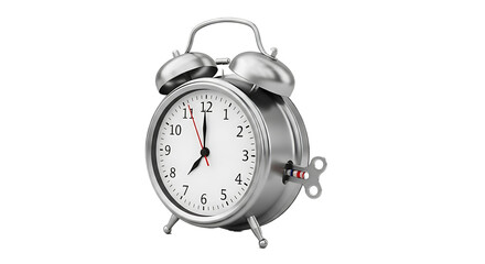 Classic silver twin bell alarm clock with winding key isolated on transparent background