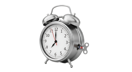 Classic silver twin bell alarm clock with winding key isolated on transparent background
