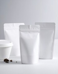 Blank white food packaging set on a white table.

