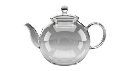 Elegant clear glass teapot with a rounded body and curved handle isolated on transparent background