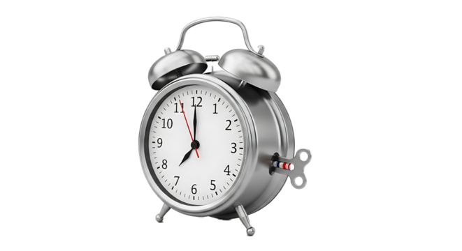 Classic silver twin bell alarm clock with winding key isolated on transparent background