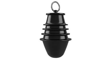 A sleek black urn pendant with a detailed ribbed design and a silver ring isolated on transparent background