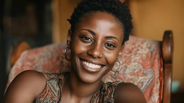 Smiling woman with short curly hair sits in a patterned chair, wearing hoop earrings.