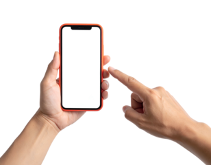 Human hands holding a smartphone with blank screen on a black background