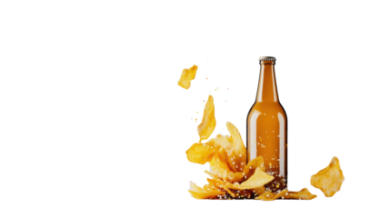 Beer Bottle with Splashing Chips on Transparent Background