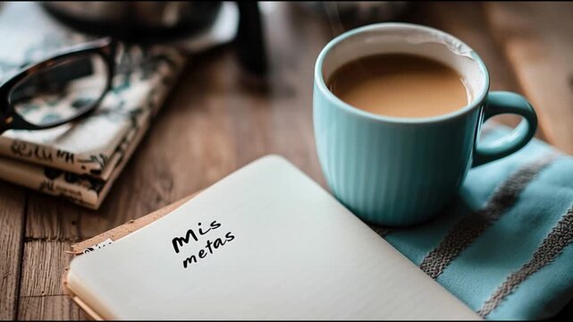 A cozy scene with a journal titled "Mis metas" (My goals), a cup of coffee, and eyeglasses on a wooden table. Perfect for themes of personal development, planning, and self-reflection.