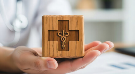 Wooden medical symbol cube held by a healthcare professional, showcasing a cross and caduceus design, representing health, wellness, and care in a clinical environment