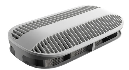 Close up of a modern gray elliptical shaped electronic device with a ribbed surface isolated on transparent background