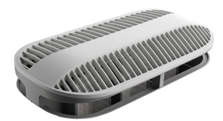 Close up of a modern gray elliptical shaped electronic device with a ribbed surface isolated on transparent background