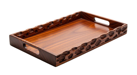 Ornate rectangular wooden serving tray with carved decorative sides and handles isolated on transparent background