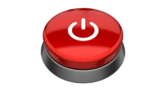 Glossy red power button with universal symbol isolated on transparent background